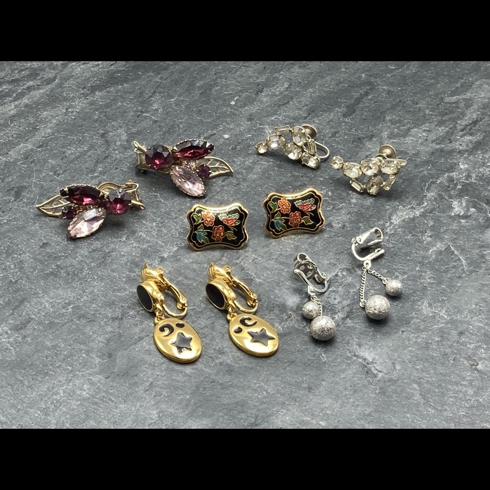 CLIP-ON Women’s Vintage Bundle 5x pairs earrings silver gold cloisonné